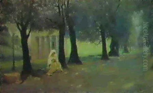 Joven Italiana Teijendo A La Sombra De Los Arboles Junto A  La Villa Oil Painting by Manuel Salces y Gutierrez