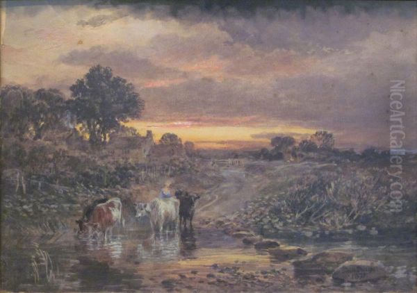 Cattle Watering At Sunset Oil Painting by Samuel Bough