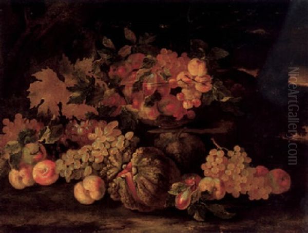 Still Life Of Apples, Grapes, Plums, Peaches, And A Melon, With Cherries, Peaches And Plums In A Glass Bowl, All Set In A Landscape Oil Painting by Gabriele Salci