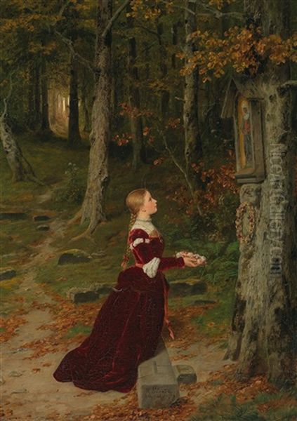 Girl Praying With A Rose Garland Oil Painting by Hubert Salentin