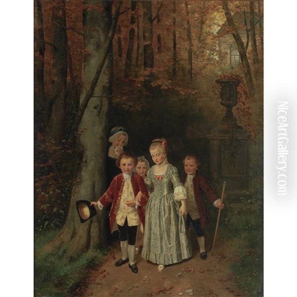 Children In The Forest Oil Painting by Hubert Salentin