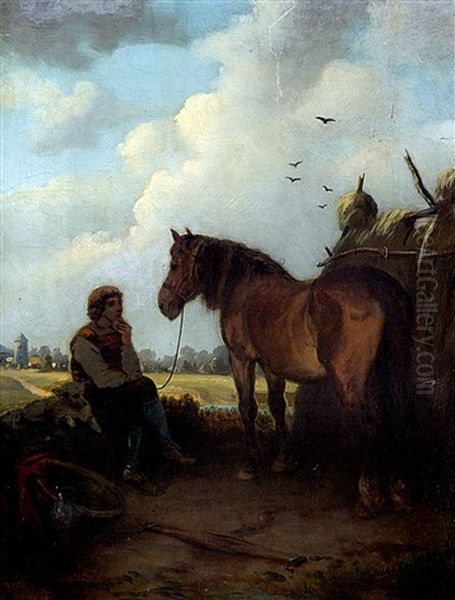 Junger Mann Mit Hund Neben Abgesatteltem Pferd Nachdenklich Auf Einem Stein Sitzend Oil Painting by Hubert Salentin