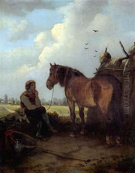 Junger Mann Mit Hund Neben Abgesatteltem Pferd, Nachdenklich Auf Einem Stein Sitzend Oil Painting by Hubert Salentin