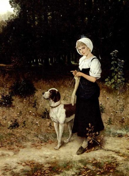 Pige Og Hund Pa En Skovsti Oil Painting by Hubert Salentin