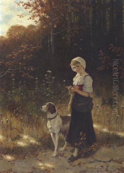 Strickendes Madchen Mit Hund Oil Painting by Hubert Salentin