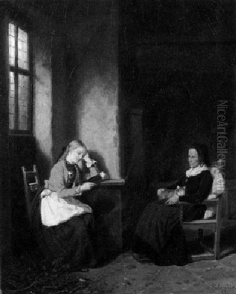 Lesestunde - Junges Madchen Liest Der Grosmutter Aus Einem Buch Vor Oil Painting by Hubert Salentin