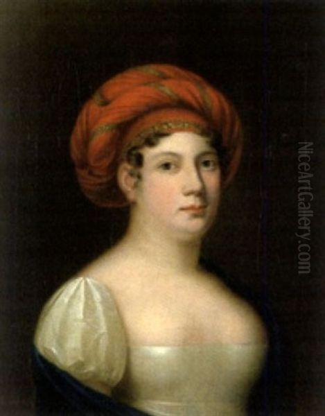 Portrait Einer Dame Mit Rotem Turban Und Blaurer Stola Und Herr In Blauem Jackett Oil Painting by Carl Von Sales