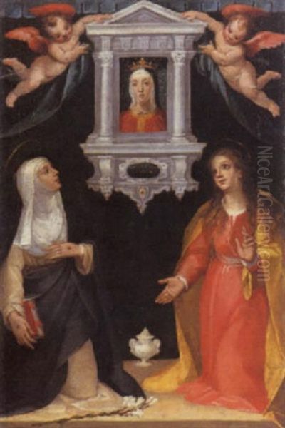 Santa Caterina Da Siena E Maria Maddalena Adorano L'effige Della Madonna Racchiusa In Un'edicola Oil Painting by Ventura Salimbeni