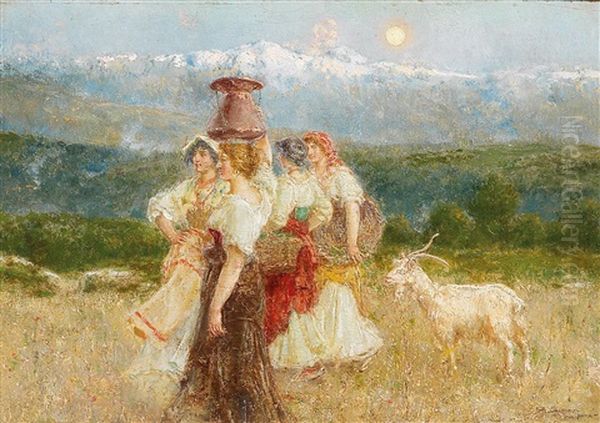 Returning Home From The Fields Oil Painting by Augustin Salinas y Teruel