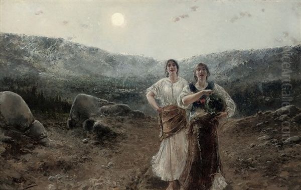 A Song Under The Moon Oil Painting by Augustin Salinas y Teruel