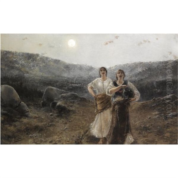 Mujeres A La Luz De La Luna (women By Moonlight) Oil Painting by Augustin Salinas y Teruel