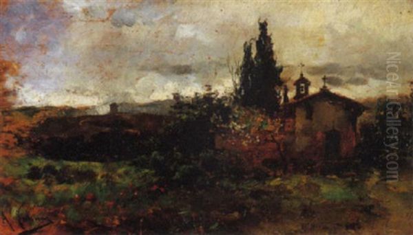 Paesaggio Con Campagna E Chiesetta Oil Painting by Augustin Salinas y Teruel