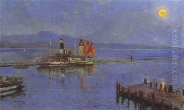 Vista De Un Ferry En El Lago De Garda Oil Painting by Augustin Salinas y Teruel