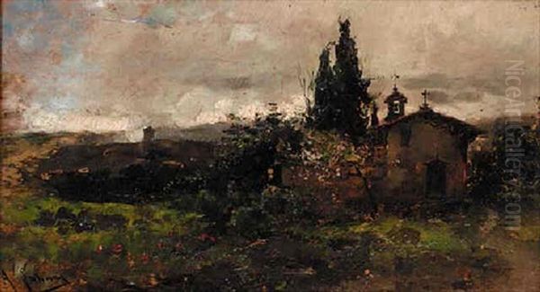 A Chapel In A Spanish Landscape Oil Painting by Augustin Salinas y Teruel