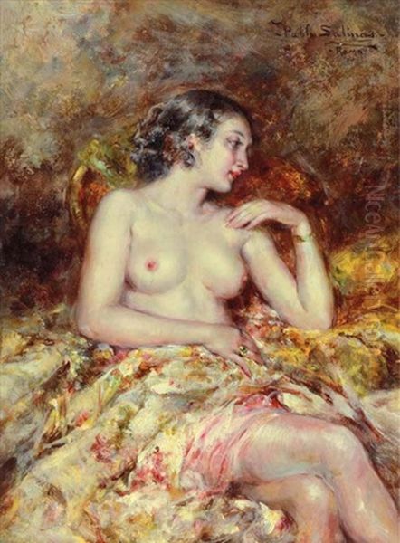 A Semi-nude In An Interior Oil Painting by Juan Pablo Salinas