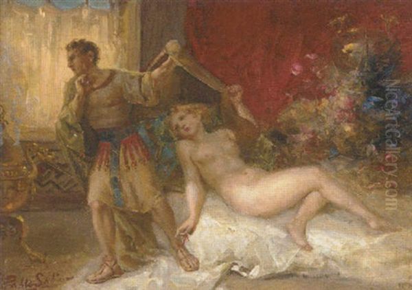 The Roman Centurion And The Female Nude Oil Painting by Juan Pablo Salinas