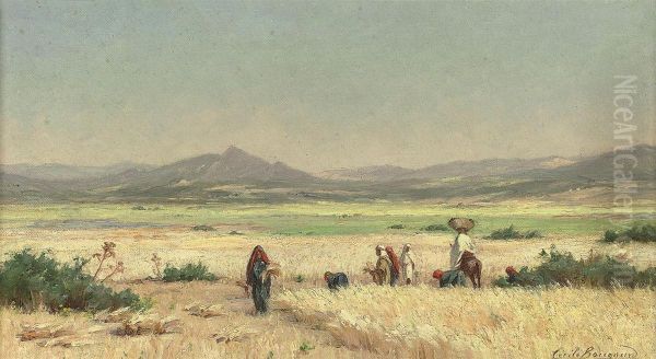 Harvesters At Smindja, Tunisia Oil Painting by Cecile Bougourd