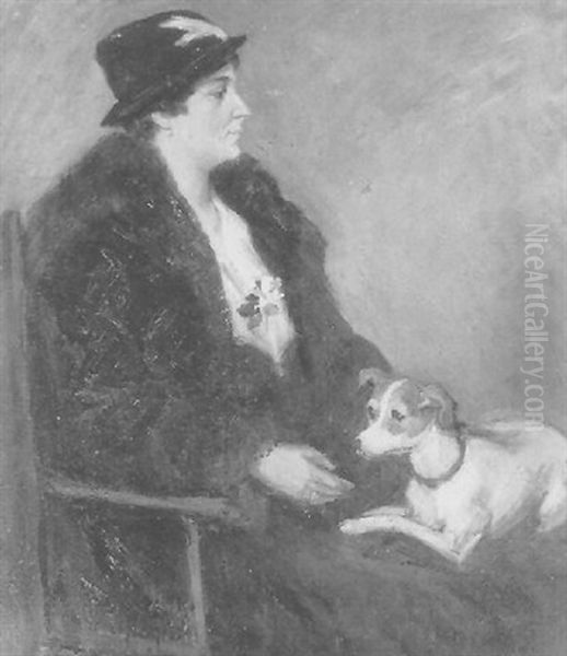 Portrait Einer Dame Mit Nerzmantel Und Hund Oil Painting by Lino Salini