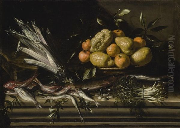 Still Life With Vegetables, Fish, Clams, And A Basket Of Citrus Fruit, On A Stone Ledge Oil Painting by Tommaso Salini