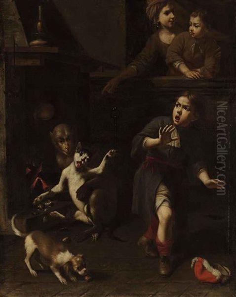 The Monkey And The Cat (aesop's Fable) Oil Painting by Tommaso Salini