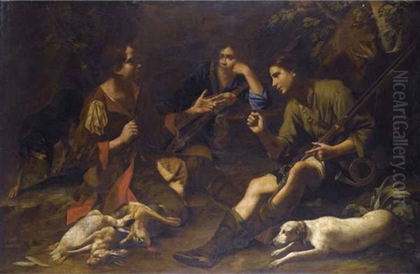 Boys Pausing From A Hunt And Playing At Odds In A Forest Clearing Oil Painting by Tommaso Salini