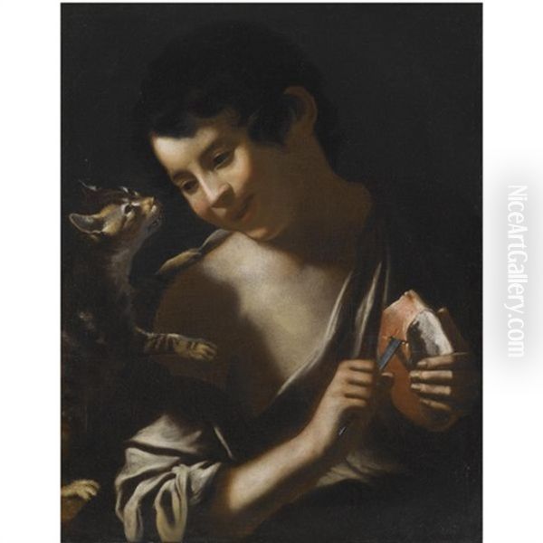 Rome A Boy Eating A Loaf Of Bread With A Cat Oil Painting by Tommaso Salini