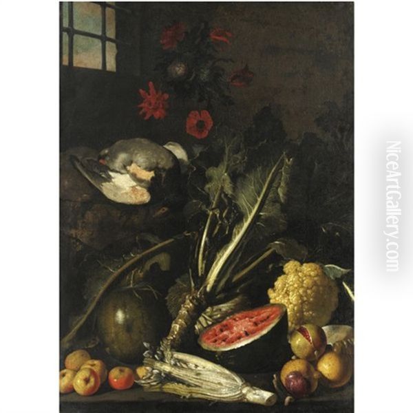 Natura Morta Con Cardo, Cavolo, Angurie, Melagrana, Cacciagione E Fiori Oil Painting by Tommaso Salini