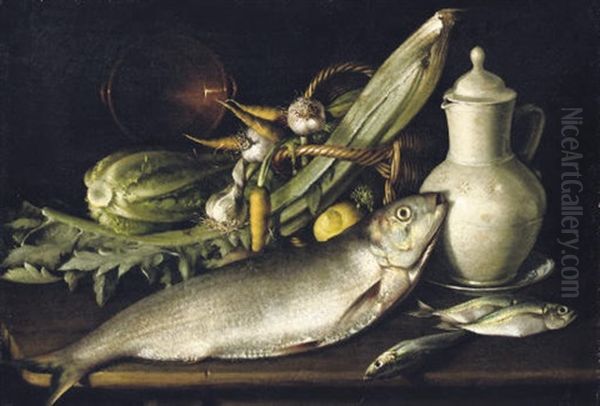 Fish, Cellery, A Cabbage And An Earthenware Pot With Carrots, Garlic And A Lemon In A Wicker Basket Oil Painting by Tommaso Salini