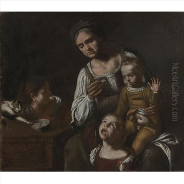 Interior Scene With A Woman And Three Children Oil Painting by Tommaso Salini