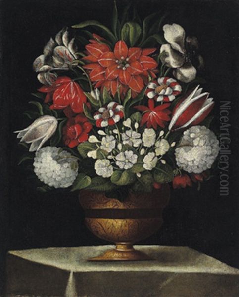 Blumenstrause In Verzierte Metallvase (+ Another, Similar; Pair) Oil Painting by Tommaso Salini