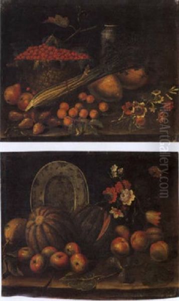 Natura Morta Con Frutta, Ortaggi, Fiori E Vasellame Oil Painting by Tommaso Salini