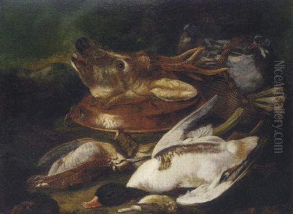 A Deer's Head, A Dead Duck, A Woodcock And Chaffinch And A Basket Of Vegetables With Birds And An Up-turned Copper Pan Oil Painting by Tommaso Salini