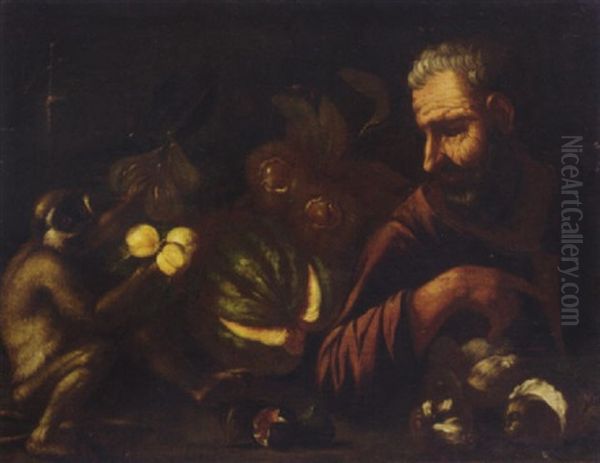 A Man And A Monkey With A Melon, Figs, Mushrooms And Peaches On A Table Oil Painting by Tommaso Salini