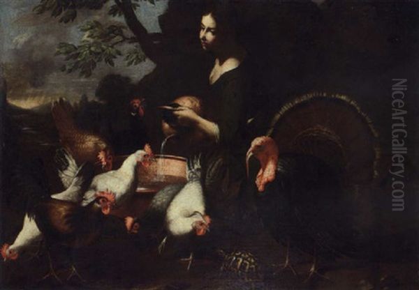 A Girl Watering Chickens And Cocks In A Lanscape, A Turtle In The Forground Oil Painting by Tommaso Salini