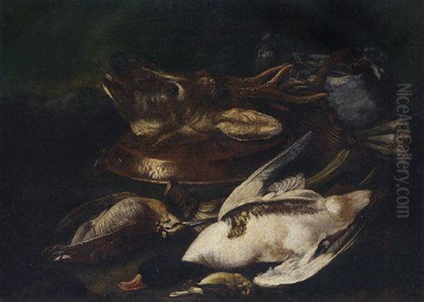 A Deer's Head, A Dead Duck, Woodcock And Chaffinch, A Basket Of Vegetables With Birds And An Up-turned Copper Pan Oil Painting by Tommaso Salini