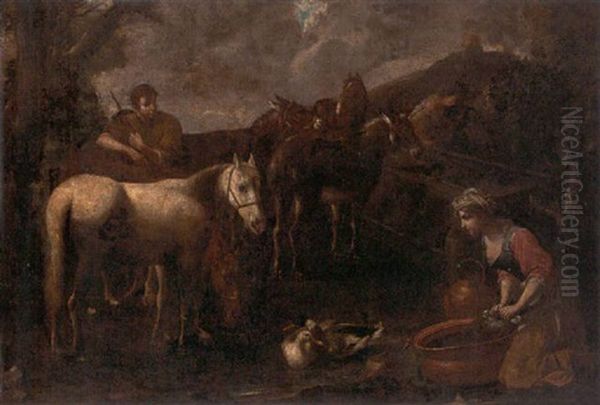 A Drover With Horses And  Donkeys Stopped At A Watering Trough, A Washerwoman Kneeling Nearby Oil Painting by Tommaso Salini