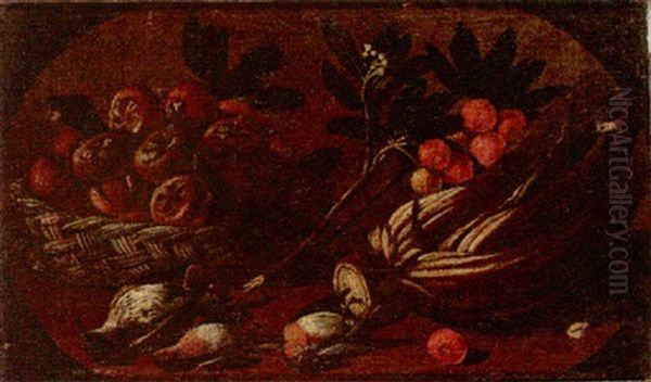 Still Life Of A Basket Of Fruit, A Cardoon, Robbins And A Thrush Upon A Ledge Oil Painting by Tommaso Salini