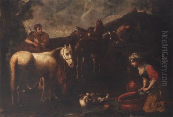 Herdsmen Watering Horses And Donkeys At A Trough, With A Woman Washing Oil Painting by Tommaso Salini