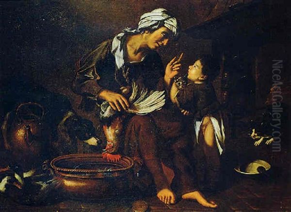 Interno Di Cucina Con Donna Che Spenna Un Gallo E Rimprovera Un Bambino Con Un Gattino Tra Le Braccia Oil Painting by Tommaso Salini