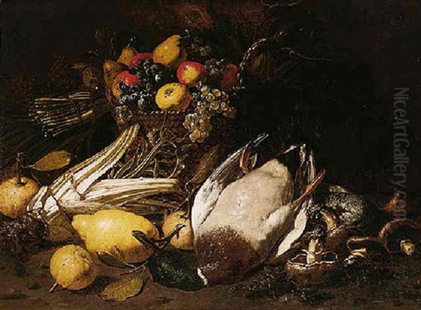 A Still Life Of Fruit In A Straw Basket, Together With Asparagus, Artichokes, Cardoons, Lemons, Mushrooms And A Duck Oil Painting by Tommaso Salini