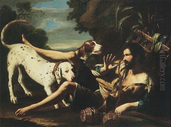 A Man (saint Roch?) With Two Dogs Oil Painting by Tommaso Salini