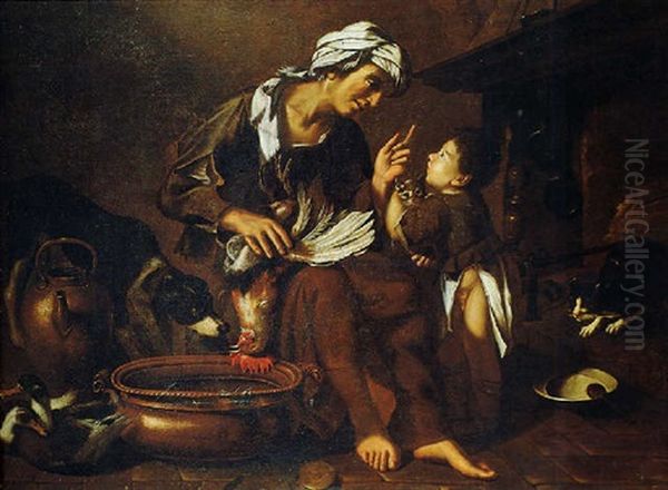 Interno Di Cucina Con Donna Che Spenna Un Gallo E Rimprovera Un Bambino Con Un Gattino Tra Le Braccia Oil Painting by Tommaso Salini