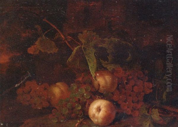 Grapes, Peaches With Leaves On A Bank Oil Painting by Tommaso Salini