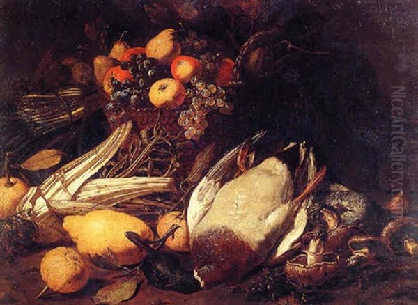 Still Of Fruit In A Basket, Asparagus, Mushrooms, A Cardoon And Fowl Oil Painting by Tommaso Salini