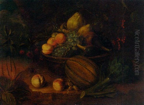 A Basket With Peaches, Grapes, Pears And Figs On A Stone Ledge With Peaches, A Melon And Artichoke In A Landscape Oil Painting by Tommaso Salini