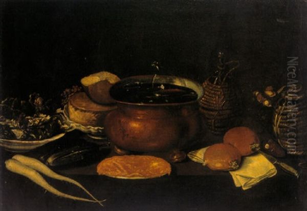 Still Life With Glasses In A Copper Pot, Wine Flasks, Bread And Vegetables Oil Painting by Tommaso Salini