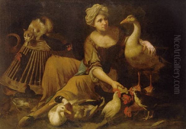 A Girl Feeding Cockerels, With A Cat On A Basket, A Goose, Duck And Other Birds Oil Painting by Tommaso Salini