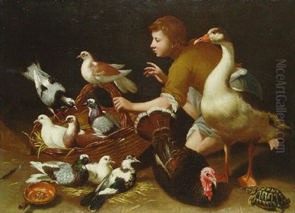 A Goose, A Hen, Pigeons And Doves In A Basket, With A Peasant Boy Oil Painting by Tommaso Salini