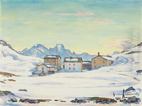 Engadiner Landschaft Im Winter - Blick Auf Die Alp Blaunca Mit Der Bondasca-gruppe Im Hintergrund Oil Painting by Carl Albert Von Salis-Soglio