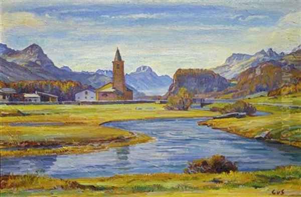 Sicht Auf Sils Baselgia Oil Painting by Carl Albert Von Salis-Soglio